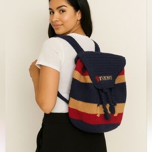 Handmade Crochet I Love Minnie Backpack Navy Red Tan Striped Disney Inspired